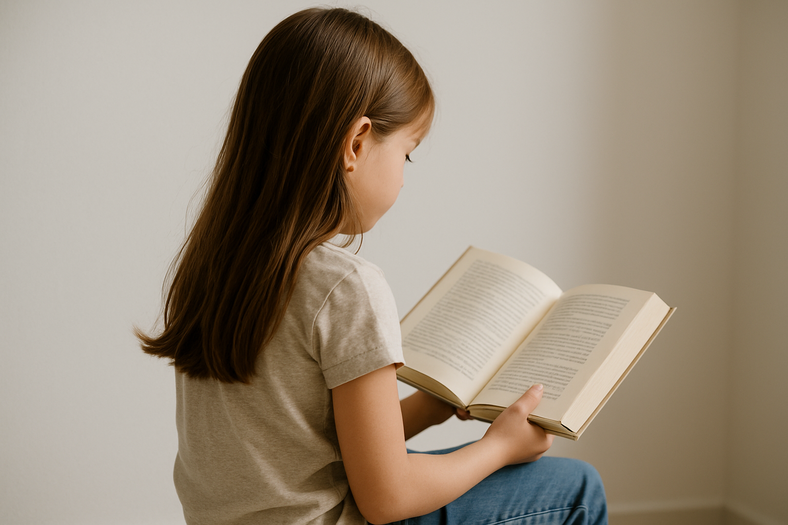 child reading a book, tones clean professional image, don't show childs face (girl)